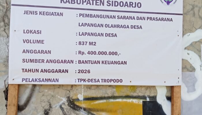 Pembangunan Sarana Dan Prasarana Lapangan Olah Raga Desa Tropodo . Diduga Berpotensi Masalah Hukum