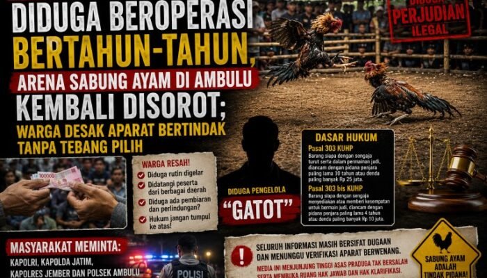 Diduga Beroperasi Bertahun-tahun, Arena Sabung Ayam di Ambulu Kembali Disorot; Warga Desak Aparat Bertindak Tanpa Tebang Pilih