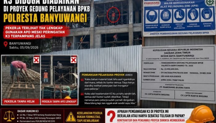 K3 Diduga Diabaikan di Proyek Gedung Pelayanan BPKB Polresta Banyuwangi, Pekerja Terlihat Tak Lengkap Gunakan APD