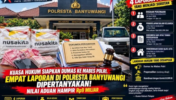Empat Laporan di Polresta Banyuwangi Disorot, Nilai Aduan Hampir Rp. 9 Miliar!!